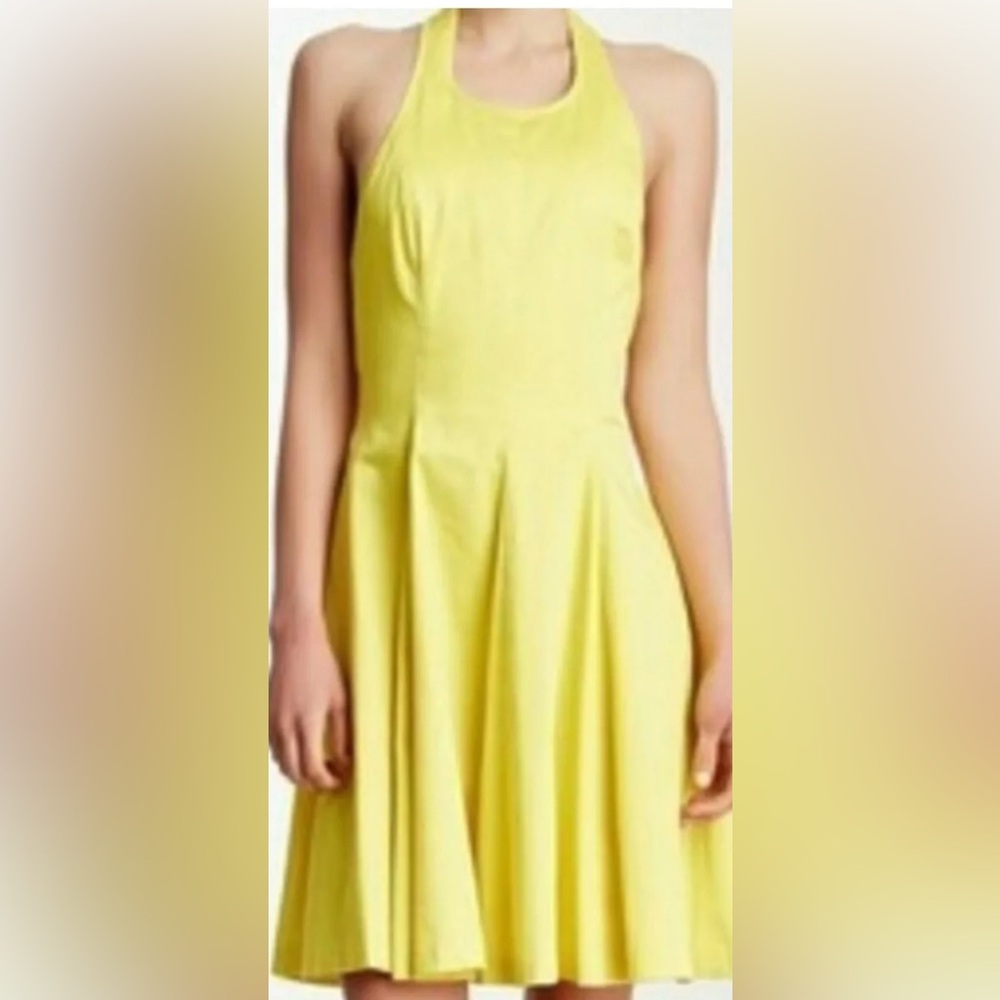 Jessica Simpson Halter Dress Cotton Bright Yellow Fit & Flare Hand Pockets 12 👍